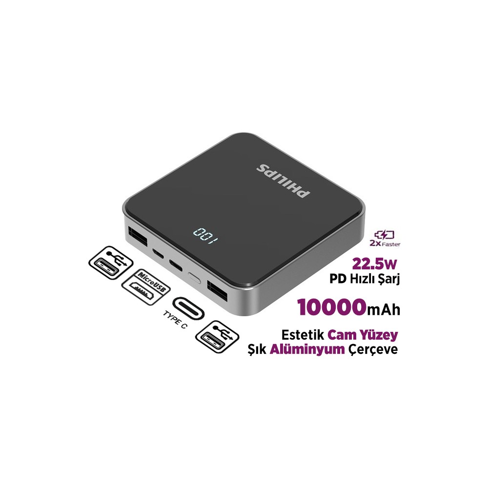 Philips 10000 mAh Powerbank 22.5W PD 4 Portlu LED Göstergeli Taşınabilir Hızlı Şarj Cihazı